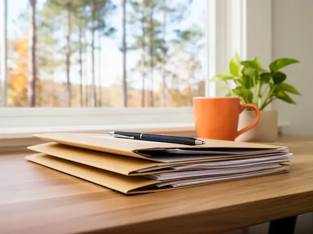A neat stack of closed manila folders and a pen on a desk by a window.