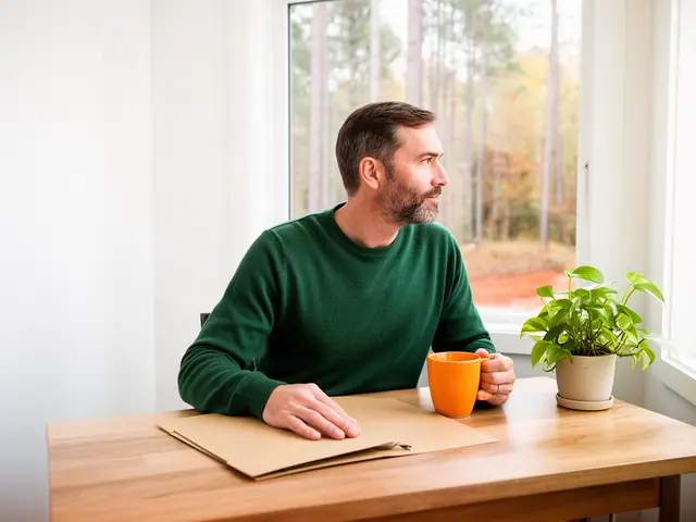 A man with short brown hair at a desk with a folder and a mug in a small back office.